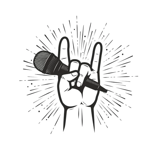 Music symbol or emblem. Microphone in hand vector illustration — Stock Vector