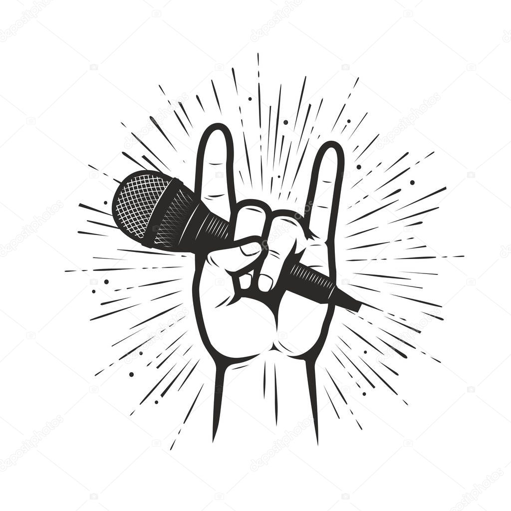 Music symbol or emblem. Microphone in hand vector illustration