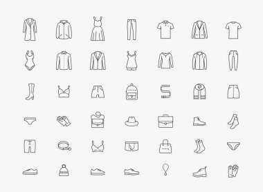 Giysi simgesi doğrusal olarak ayarlandı. Moda vektör illüstrasyonu