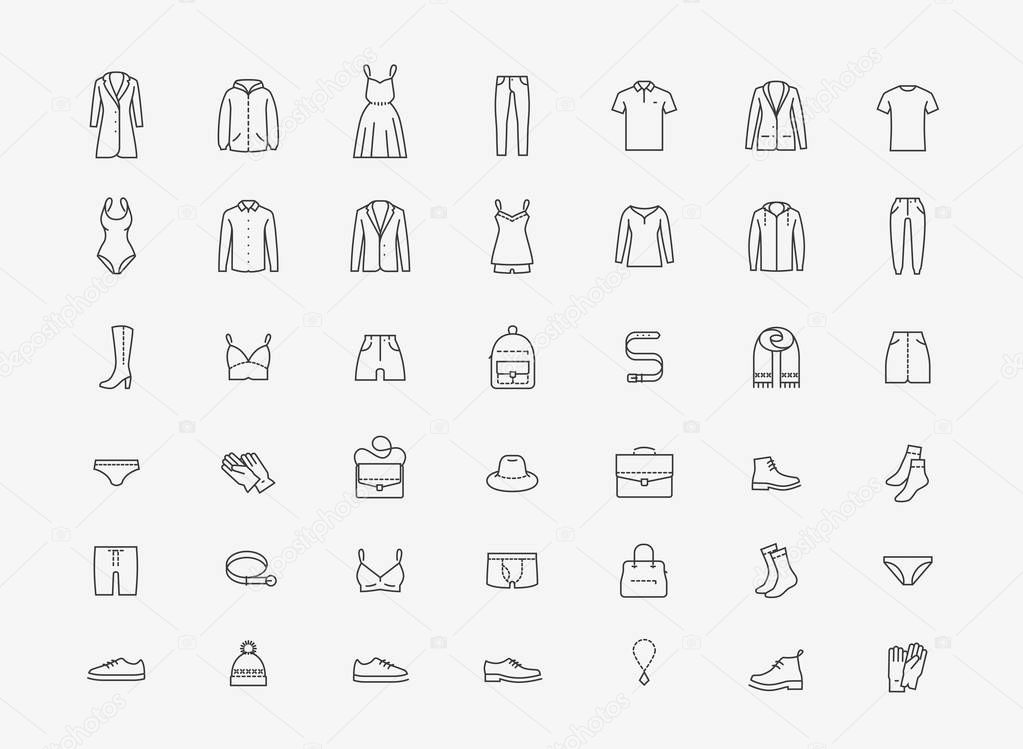 Clothing icon set in linear style. Fashion vector illustration