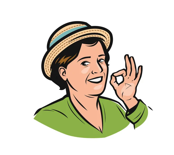 Retrato de una mujer feliz con sombrero. Granjero logo vector ilustración — Archivo Imágenes Vectoriales
