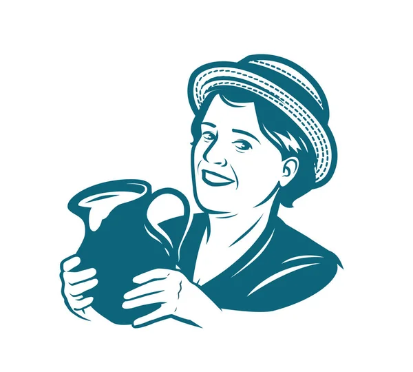 Bella giovane donna con una brocca di latte. Illustrazione vettoriale dell'azienda lattiera — Vettoriale Stock