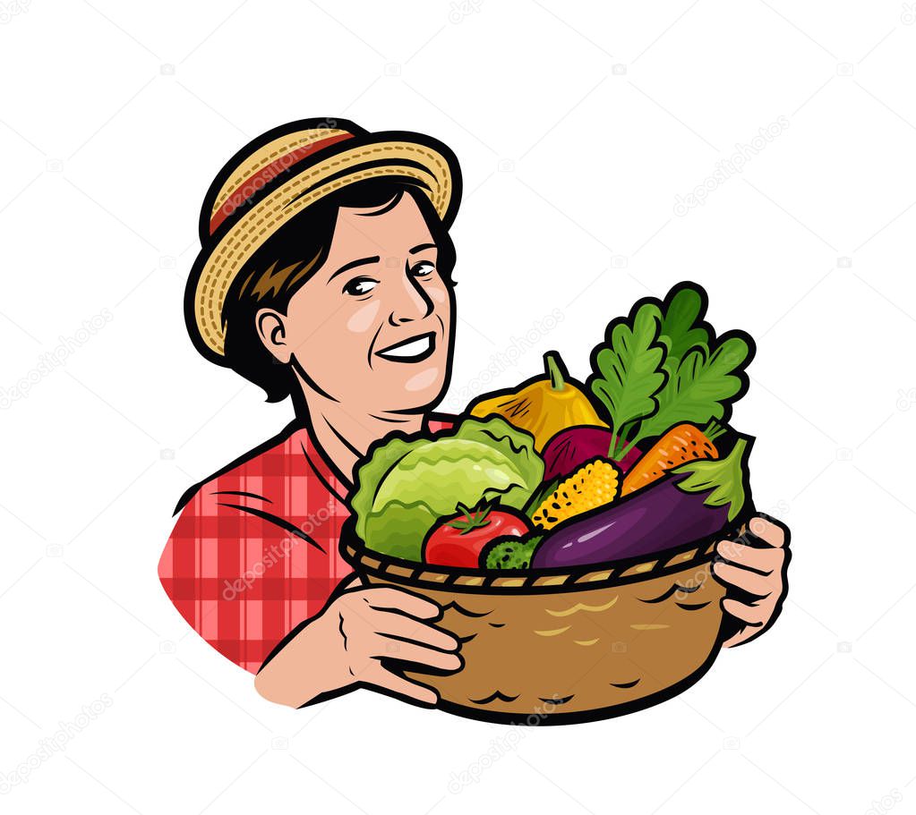 Beautiful woman with a basket of fresh vegetables. Retro vector illustration