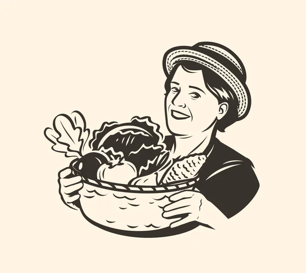 Mulher jovem ou com uma cesta de legumes. Desenho vintage ilustração vetorial —  Vetores de Stock