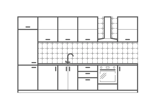 Móveis de cozinha vista frontal em estilo linear. Ilustração vetorial interior — Vetor de Stock