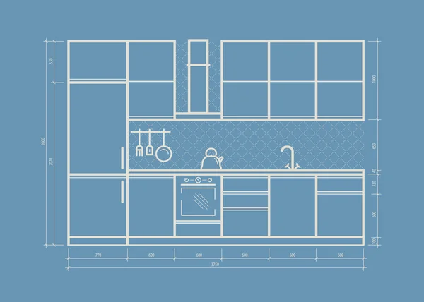 Keukenmeubels, vooraanzicht in lineaire stijl. Interieur vector illustratie — Stockvector