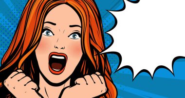 Güzel kız sevinçten çığlık atıyor. Pop art retro çizgi roman tarzı. Çizgi film vektör illüstrasyonu