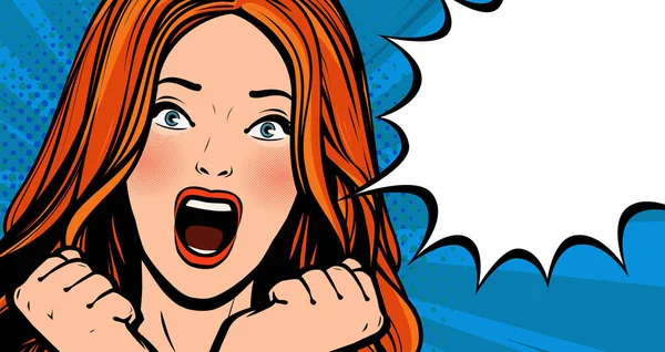 Güzel kız sevinçten çığlık atıyor. Pop art retro çizgi roman tarzı. Çizgi film vektör illüstrasyonu