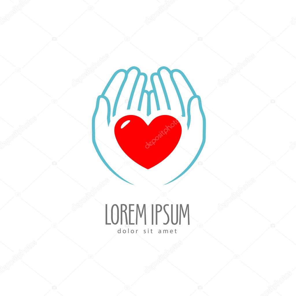 Heart in the hands. Health, charity logo or label. Vector illustration