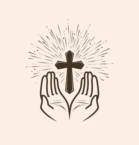 Logo o etiqueta de la iglesia. Oración, concepto religioso. Ilustración de vector Vintage — Vector de stock