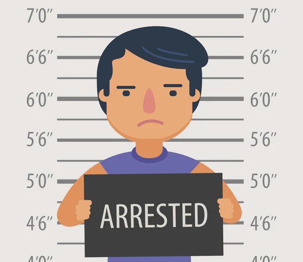 Foto van een man gearresteerd met bord op het politiebureau. Grappige cartoon vector illustratie — Stockvector