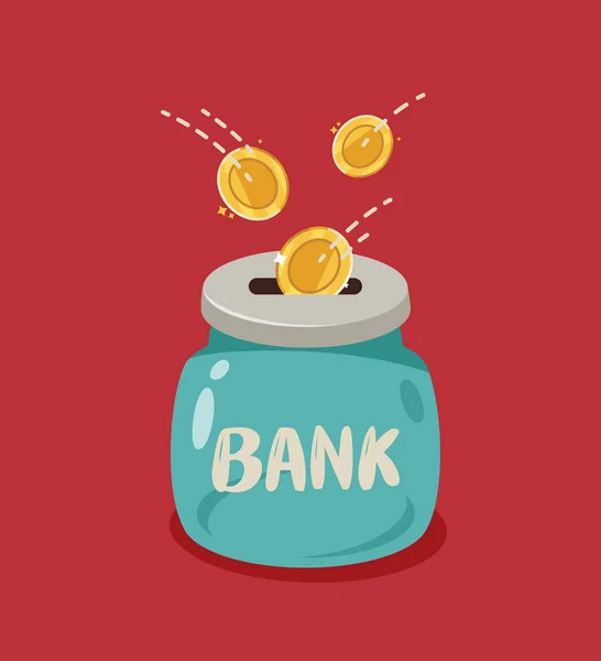 Frasco de vidro e moedas de ouro caindo nele. Banco, caixa de dinheiro, ilustração do vetor do dinheiro — Vetor de Stock