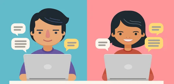 People with speech bubbles and computers. Communication vector illustration — 스톡 벡터