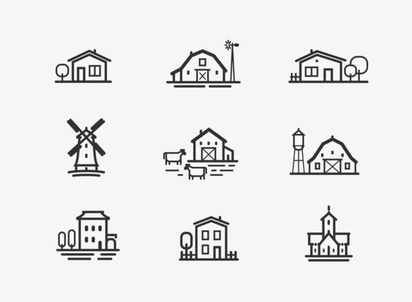 Haussymbole gesetzt. Bauernhof, landwirtschaftliche Gebäude Symbol. Vektorillustration — Stockvektor