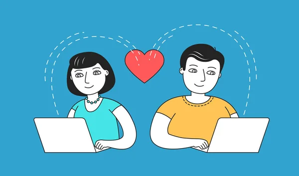 Man and woman chatting on dating site. Love vector illustration — Stok Vektör