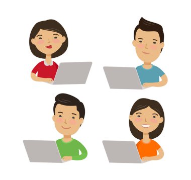 İnsanlar internette dizüstü bilgisayarın başında oturuyor. Sosyal ağ. E-öğrenme, eğitim vektörü