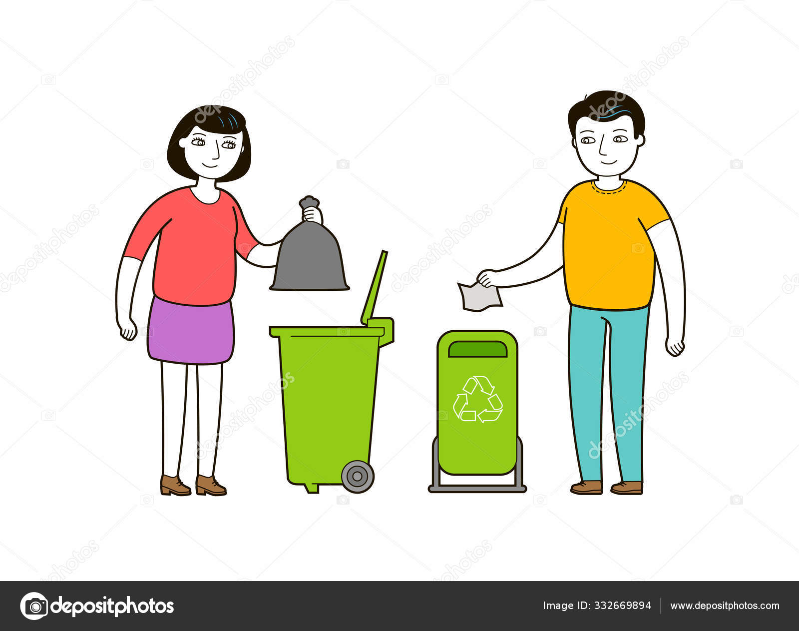 People throw trash in a garbage container. Trash recycling cartoon