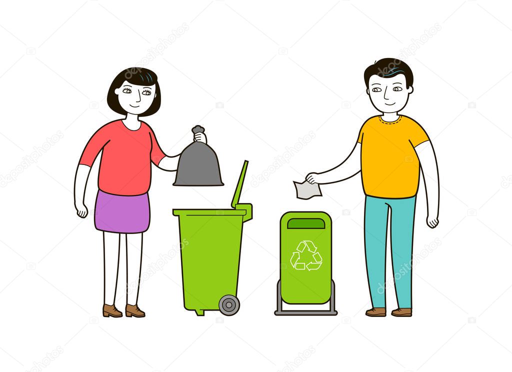 People throw trash in a garbage container. Trash recycling cartoon vector