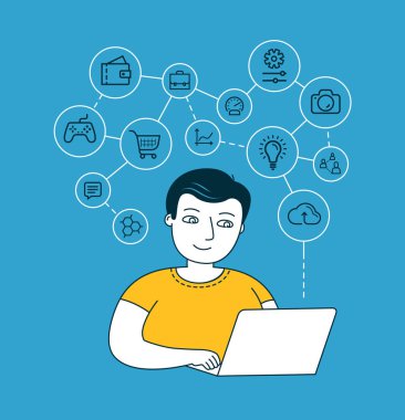 İnternetteki dizüstü bilgisayarın arkasındaki adam. Ağ fırsatları vektörü