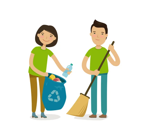 Personas o voluntarios sacan la basura. Protección de la naturaleza, vector medioambiental — Vector de stock