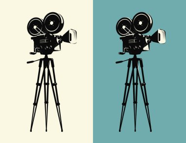 Üç ayaklı eski model bir kamera. Projektör, sinema retro vektörü