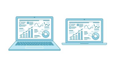 Laptop masaüstü ekranındaki iş çizelgeleri. Finans, ticaret vektörü