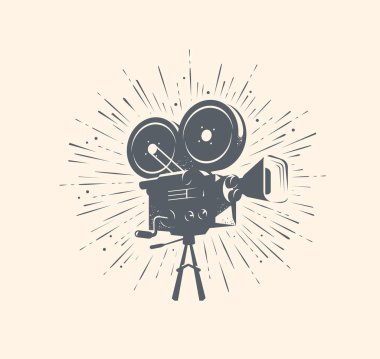 Sinema, video logosu ya da etiket. Retro film kamerası, Tv vintage vektörü