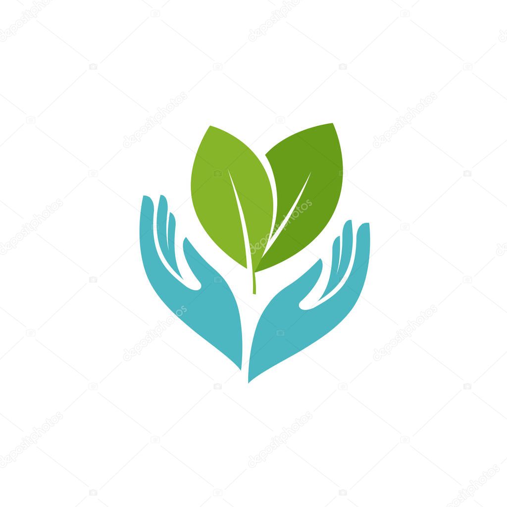 Plant or leaves in hands symbol. Health, agriculture, farm logo or icon vector