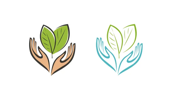 Planta ou folhas em mãos logotipo. Agricultura, saúde, símbolo agrícola ou vetor de ícones — Vetor de Stock