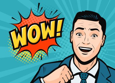 Başarılı iş adamı memnun oldu. Retro çizgi roman pop sanat vektörü