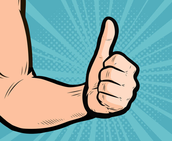 Thumb up hand gesture. Retro comic pop art vector