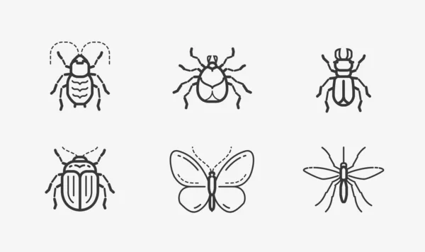 Insects Icon Set Linear Style Animals Vector — Stock Vector