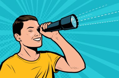 Spyglass 'tan bakan mutlu adam. Retro çizgi roman pop sanat vektörü