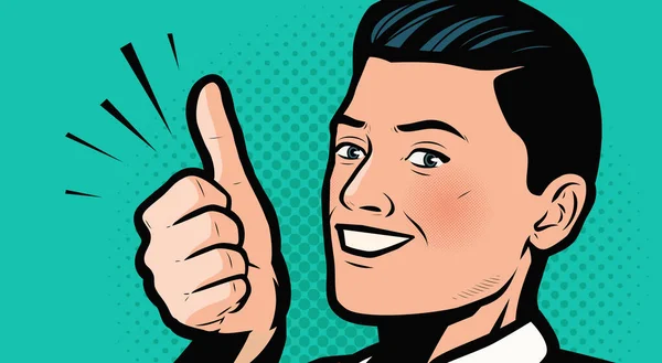 ビジネスマンが親指を立てている レトロ漫画ポップアートベクトル — ストックベクタ
