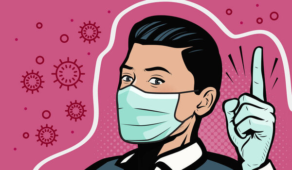 COVID-19. Man in medical mask. Retro comic pop art vector illustration