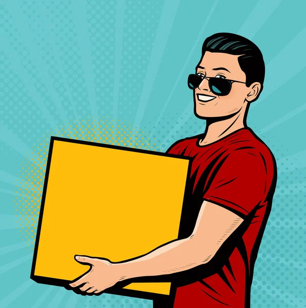 Muž Krabicí Ruce Retro Komiks Pop Art Vektor — Stockový vektor