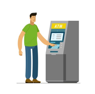 Adam ATM kullanıyor. İş, bankacılık vektörü