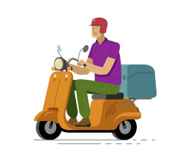 Motosikletli genç adam kask takıyor. Hızlı dağıtım servis vektörü