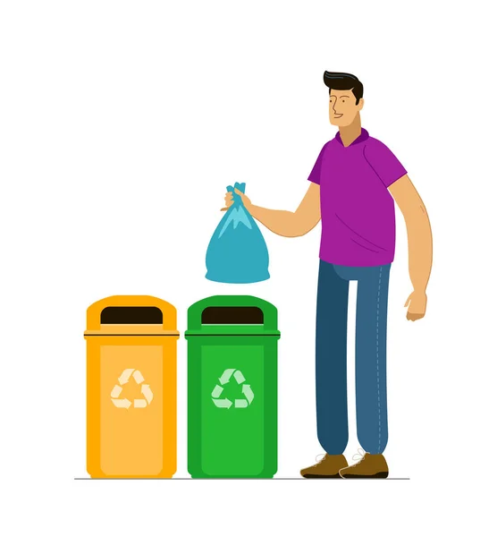 Homem Trata Lixo Para Reciclagem Desenhos Animados Ilustração Vetorial — Vetor de Stock