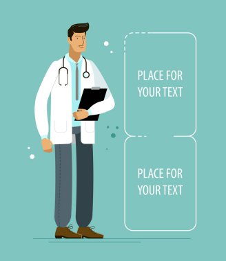 Beyaz önlüklü mutlu doktor. Hastane vektörü