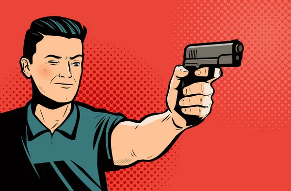 Man Shoots Pistol Retro Comic Pop Art Vector — Stock Vector