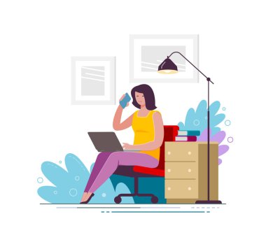 Genç kadın evde dizüstü bilgisayar ve akıllı telefon kullanıyor. İş vektörü