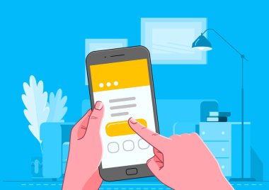Adam akıllı telefon kullanarak internet uygulaması kullanıyor. Vektör