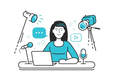 Podcast, canlı yayın. Sosyal ağlarda paylaşım için video içeriği. Vektör