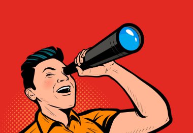 İş adamı gelecekteki trendleri arıyor. İş görüşü retro komik pop sanat vektörü
