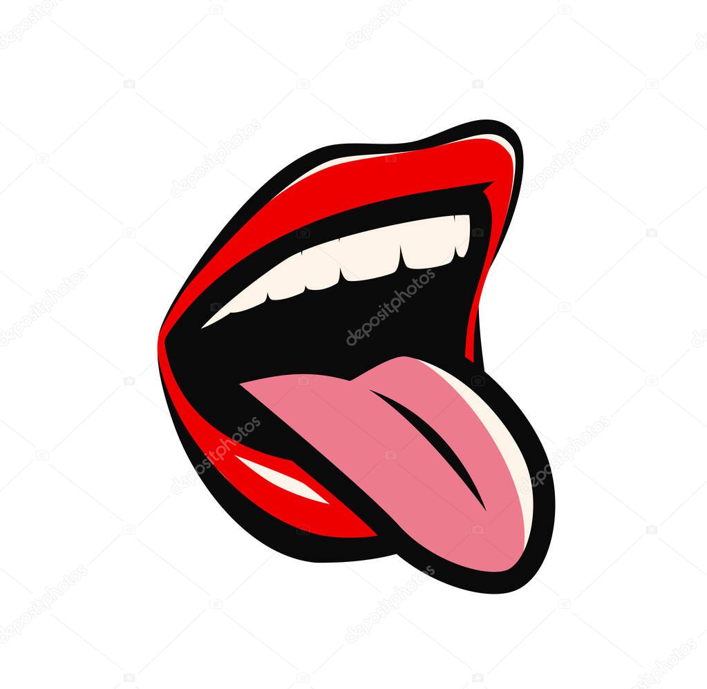 Mouth with red lips and tongue. Cartoon vector