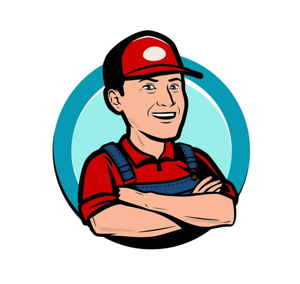 Logo Etiqueta Del Servicio Feliz Trabajador Vector Dibujos Animados — Archivo Imágenes Vectoriales