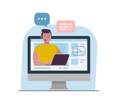 Canlı yayın, Webinar. Video blogger çizgi film vektörü