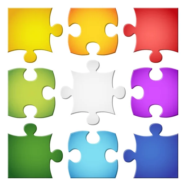 Nove peças de puzzle coloridas — Vetor de Stock