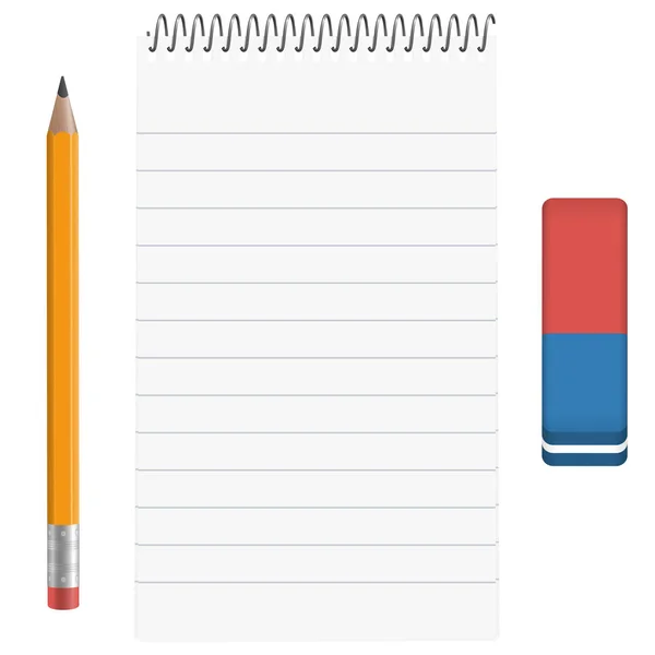 Pad papieru, ołówek i Gumka — Wektor stockowy